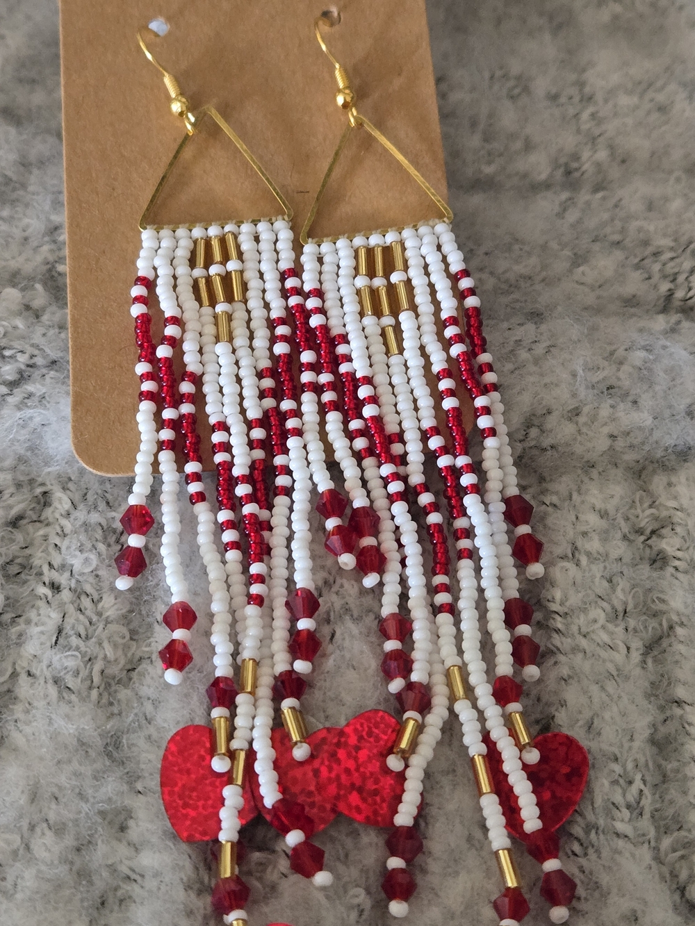 Handmade Gold Beaded Fringe Earrings with Red Holographic Hearts - Picture 2 of 5